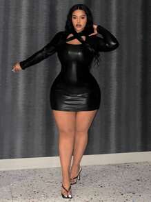 Slaydiva Slayr Plus Elegant Solid Color Criss-Cross Collar Design Plus Size Women PU Mini Dress - Black - View 1