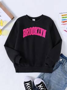 青少女字母印花長袖運動衫 - 黑色 - 查看 3