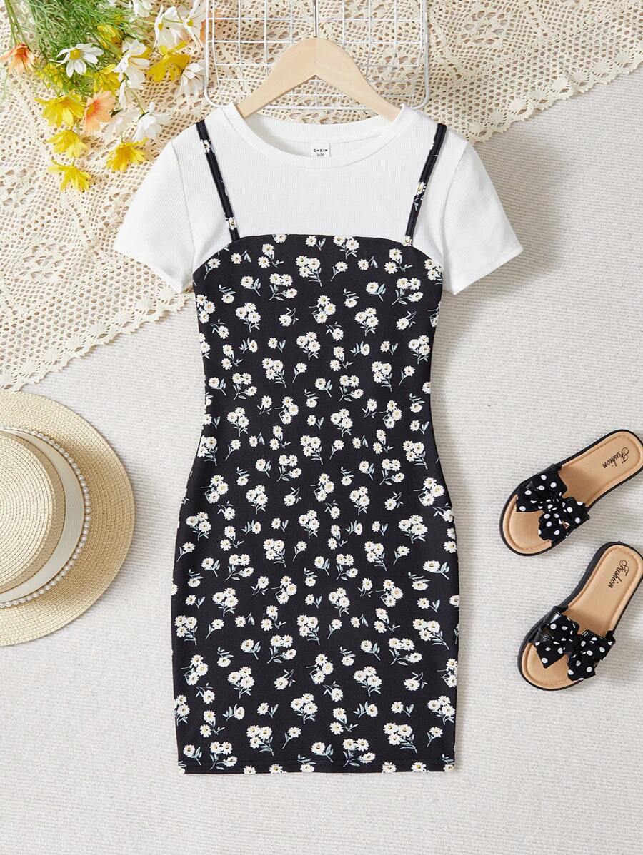 Leap Crew 雙層針織花卉印花連衣裙,圓領,適合十幾歲的女孩穿著 - 黑色 - 查看 1