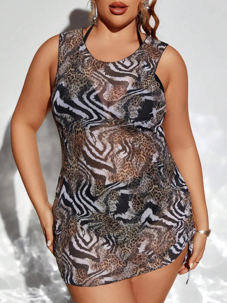 3pcs/Set Plus Size Bikini Set With Zebra And Leopard Print Summer