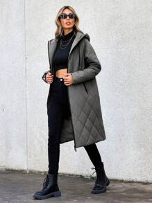 SHEIN Essnce Women's Solid Color Long Sleeve Zip-Front Long Hooded Padded Casual Jacket For Winter - Grey - View 3