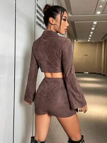 SHEIN Unity Rivet Pearl Zipper Collarless Jacket And Skirt Set - Coffee Brown - View 2