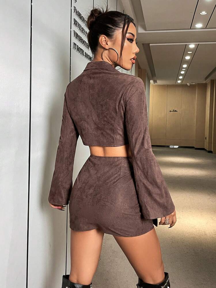 Rivet Pearl Zipper Collarless Jacket And Skirt Set