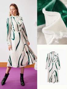 MOTF PREMIUM Vestido De Velvet Abstracto Con Cuello Anudado - Multicolor - Ver 9