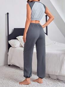 Letter Print Crop Top And Long Pants Pajama Set - Multicolor - View 2