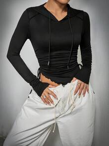 SHEIN EZwear 女士帽t拉繩t恤 - 黑色 - 查看 4