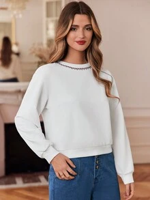 SHEIN Frenchy Love Thêu trái tim Cổ thuyền viên Thả vai Tay áo dài Áo nỉ - trắng - Xem 5