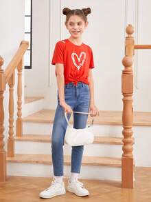 少女心形图案圆领扭结宽松休闲T恤（母女装，两件分开出售） - 紅色 - 查看 4