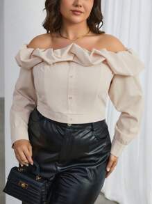 SHEIN Privé Plus Size Pleated Off Shoulder Top - Khaki - View 7