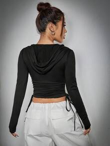 SHEIN EZwear 女士帽t拉繩t恤 - 黑色 - 查看 2