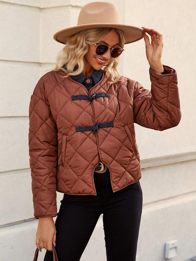 Women's Contrast Color 2 In 1 Drop Shoulder Long Sleeve Padded Padded Coat Clothes Winter Fall Cloth For Women