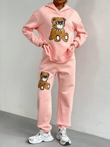 Women's Casual Fashionable Cartoon Bear Printed Hooded Sweatshirt And Pants Set For Family Matching Outfits, Mommy And Me Style (4 Sets Are Sold Separately) - Pink - View 4