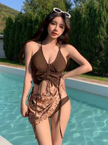 DAZY Tankini de traje de baño con parte trasera abierta y cordón acanalado para el verano y la playa - Café integral - Ver 1