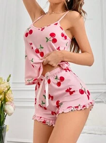 Women's Cherry Print Cami Top And Shorts Pajama Set Holiday Season