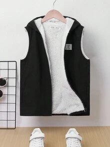 SHEIN Tween Boys' Hooded Sleeveless Thermal Lined Jacket, For Tweens - Black - View 3