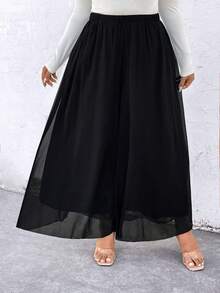 SHEIN LUNE 大尺寸純色寬腿網眼褲 - 黑色 - 查看 3