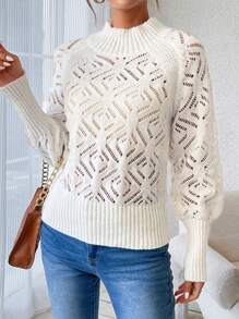 SHEIN LUNE Zipper Lantern Sleeve Hollow Out Knitted Sweater  Fall Winter Outfit - White - View 5