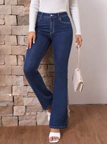 SHEIN LUNE Solid Color Flared Jeans - Blue - View 1