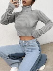 SHEIN x Carly Lawrence Flirla Women Sweaters Rib-Knit Plain Casual - Grey - View 5