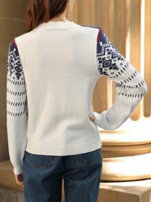 SHEIN Frenchy Mẫu Geo Nút phía trước Áo len Mở - Nhiều màu - Xem 3
