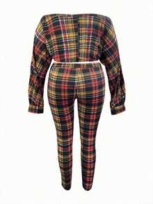 LovelyWholesale Plus Size Plaid Shoulder Top And Pants 2 Pieces Set - Multicolor - View 4