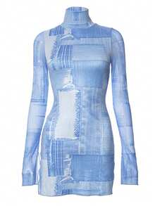 全新女式休闲圆领牛仔效果半立领长袖开衩连衣裙 - 藍色 - 查看 3