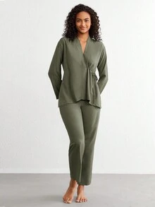 Ocili 女性純色家居服套裝 - 綠色 - 查看 3