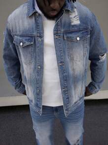 Manfinity Homme Nam Kích thước lớn Denim mùa giặt Rách Áo khoác denim - Màu xanh lam - Xem 5