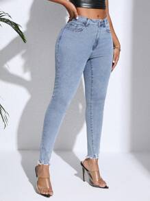 SHEIN SXY Slim Fit Denim Jeans With Frayed Hem - Light Wash - View 1