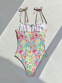 SHEIN Swim 女士花卉印花連體泳衣,褶皺胸部設計和打結肩帶 - 彩色 - 查看 2