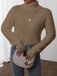 Chiquease Solid Color Turtleneck Knit Pullover Fall Winter Sweater - Brown - View 6