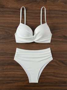 SHEIN Swim Summer Beach White Cross Pleated Underwire Bikini Set - Beige - View 7