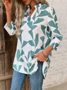 SHEIN LUNE Của phụ nữ In thực vật Áo sơ mi Với Xếp nếp Đường viền cổ có rãnh Và - Nhiều màu - Xem 4