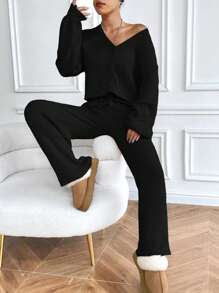 SHEIN Unity 寬鬆純色毛衣2件/套 - 黑色 - 查看 7