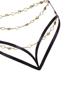 Conjunto De Lencería Sexy Ahuecado Decorado Con Cadena Sin Bragas - Negro - Ver 6