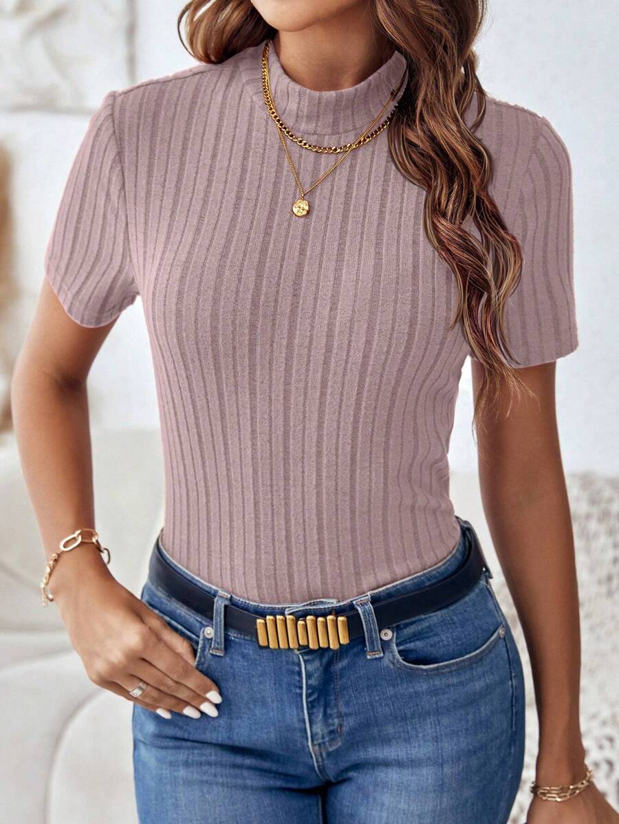 SHEIN Clasi Women's Solid Color Stand Collar Ribbed Knit T-shirt - Dusty Pink - View 1