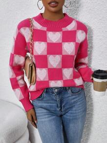 SHEIN LUNE Suéter de tricô com ombros caídos e estampa de corações e xadrez para outono/inverno. - Rosa - Ver 6