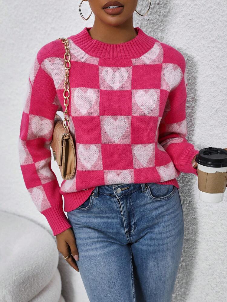 Heart & Checker Pattern Drop Shoulder Knit Pullover Fall Winter Sweater