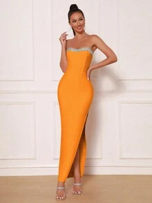 Modphy Đầm maxi cúp ngực, xẻ cao đến đùi, đính đá lấp lánh, thích hợp làm đầm phù dâu cho đám cưới và tiệc tùng. - trái cam - Xem 6