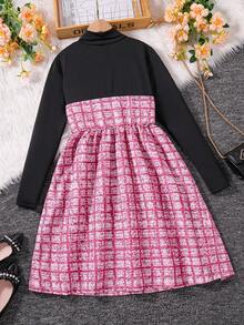 SHEIN Tween 女孩優雅都市風格高領格子撞色 2 合 1 連身裙 - 酒紅色 - 查看 2