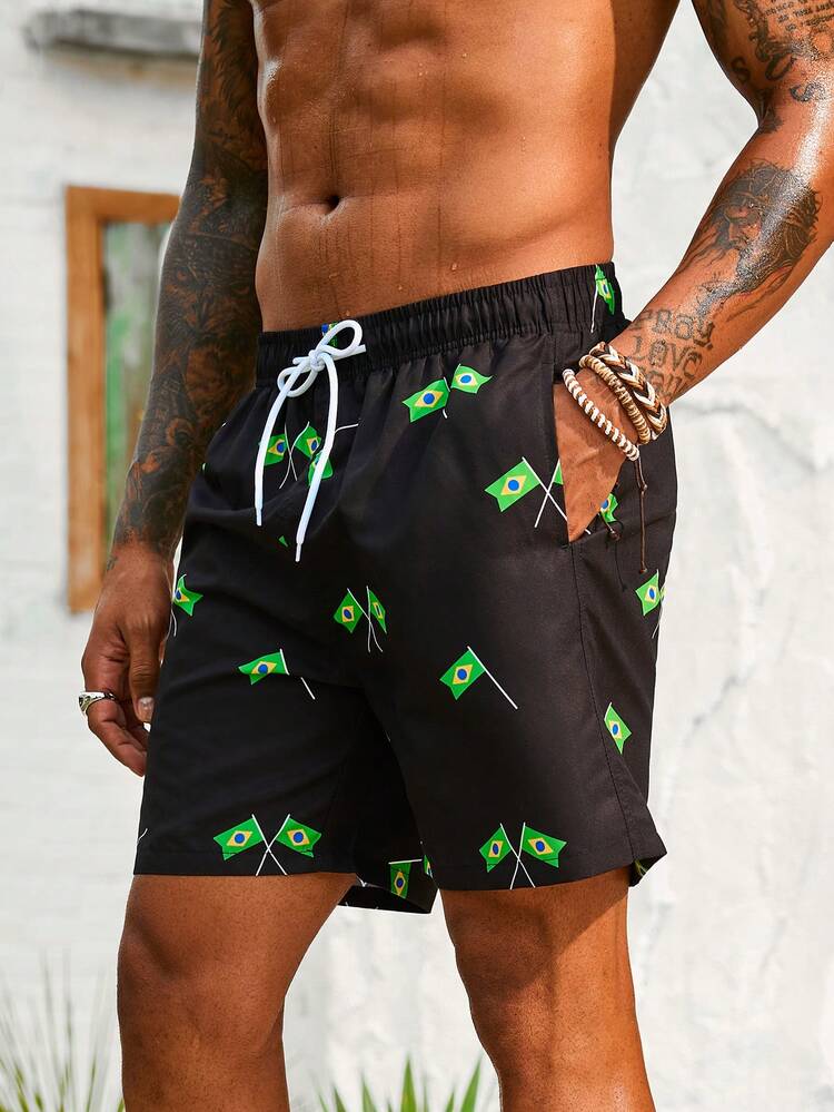Men's Flag Print Drawstring Waist Beach Shorts