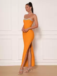 Modphy Đầm maxi cúp ngực, xẻ cao đến đùi, đính đá lấp lánh, thích hợp làm đầm phù dâu cho đám cưới và tiệc tùng. - trái cam - Xem 1