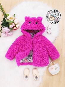 SHEIN Baby Girls' Casual Plush Thermal Lined Hooded Jacket With Cartoon Embroidery, Pink - Hot Pink - View 1