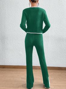 SHEIN Unity Vá lại Vòng cổ Giải trí Áo len dệt kim 2 cái/bộ - màu xanh lá - Xem 2