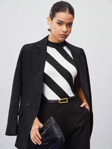 BizChic 女士秋季撞色条纹领无袖上衣，浪漫优雅百搭商务休闲通勤装，复古风格办公室装，女士基本款衬衫