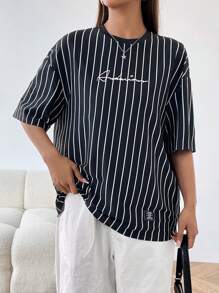 SHEIN EZwear 夏季服装宽松休闲 T 恤，带文字和条纹图案，落肩袖 - 黑色 - 查看 6