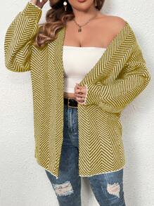 SHEIN Franclia Plus Size Drop Shoulder Cardigan With Chevron Pattern - Mustard Yellow - View 4