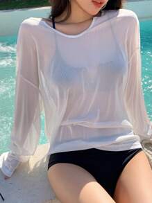 DAZY 一件式V领落肩罩衫，夏季薄纱，沙滩女装度假装 - 白色 - 查看 8