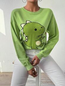 SHEIN Essnce 卡通恐龍圖案落肩毛衣 - 綠色 - 查看 1