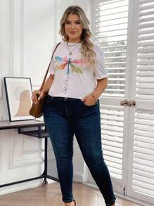 SHEIN LUNE Plus Size Animal Print Crew Neck T-Shirt - White - View 4